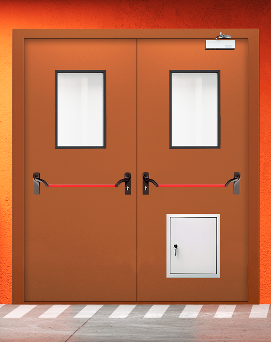 Противопожарная двупольная коричневая дверь EIS 60 с ручкой антипаника, прямоугольным окном, стыковочным узлом