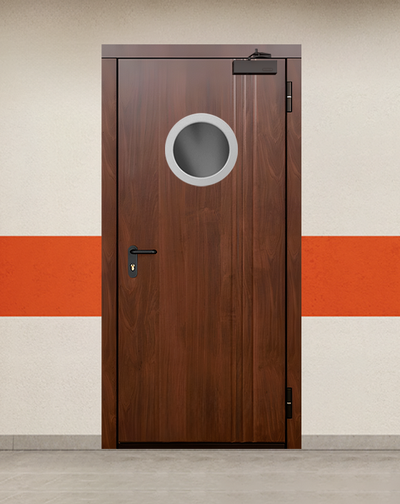 Противопожарная однопольная МДФ коричневая дверь EIS 90 с круглым окном