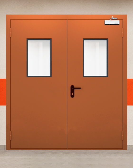 Противопожарная двупольная коричневая дверь EIS 60 с прямоугольным окном