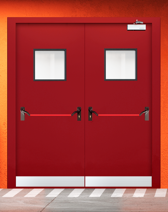 Противопожарная двупольная красная дверь EIW 45 с ручкой антипаника, квадратным окном, узким отбойником