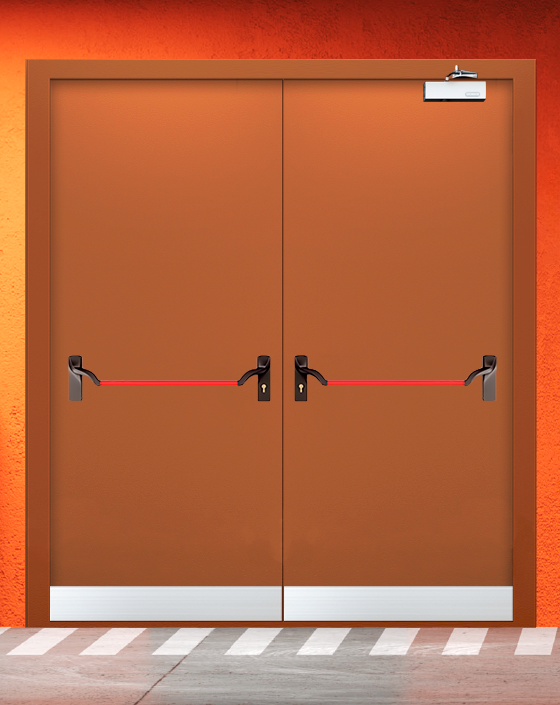 Противопожарная двупольная коричневая дверь EIS 60 с ручкой антипаника, узким отбойником