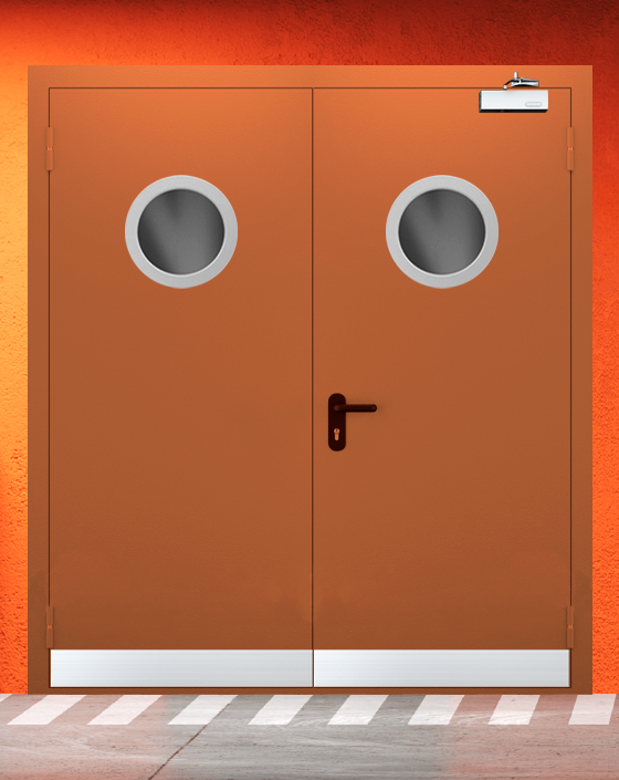 Противопожарная двупольная коричневая дверь EIS 60 с круглым окном, узким отбойником