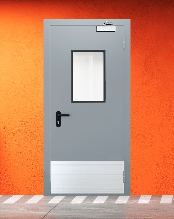 Противопожарная однопольная серая дверь EI 30 (3-го типа) с прямоугольным окном, широким отбойником
