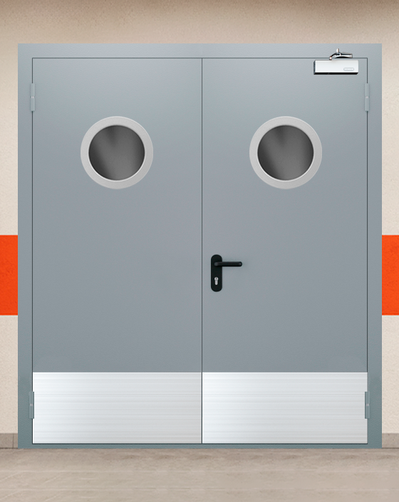 Противопожарная двупольная серая дверь EI-90 с круглым окном, широким отбойником