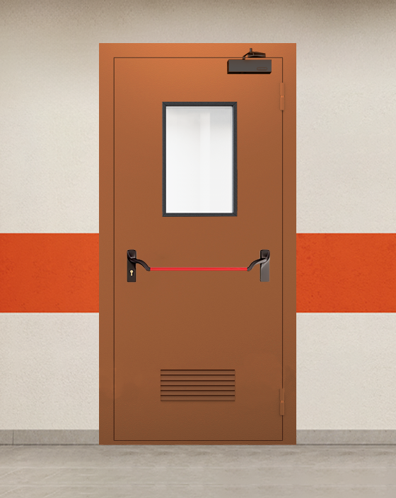 Противопожарная однопольная коричневая дверь EI 90 с ручкой антипаника, прямоугольным окном, прямоугольной решеткой