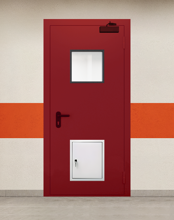 Противопожарная однопольная красная дверь EI 45 с квадратным окном, стыковочным узлом