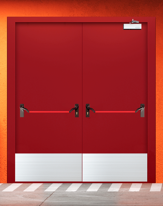 Противопожарная двупольная красная дверь EIW 45 с ручкой антипаника, широким отбойником