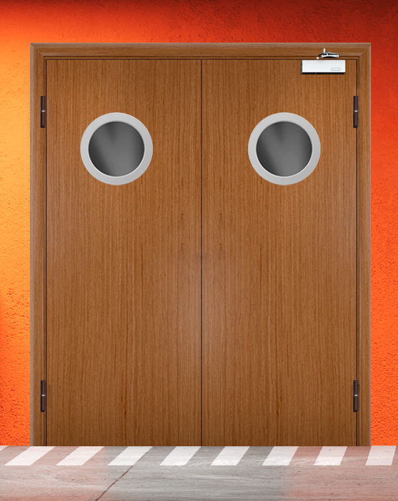 Противопожарная двупольная шпон дверь с круглым окном