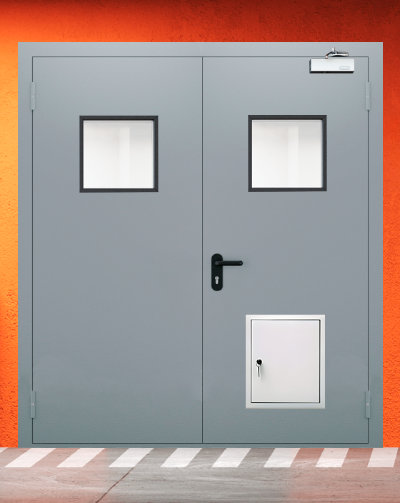 Противопожарная двупольная серая дверь EI-90 с квадратным окном, стыковочным узлом