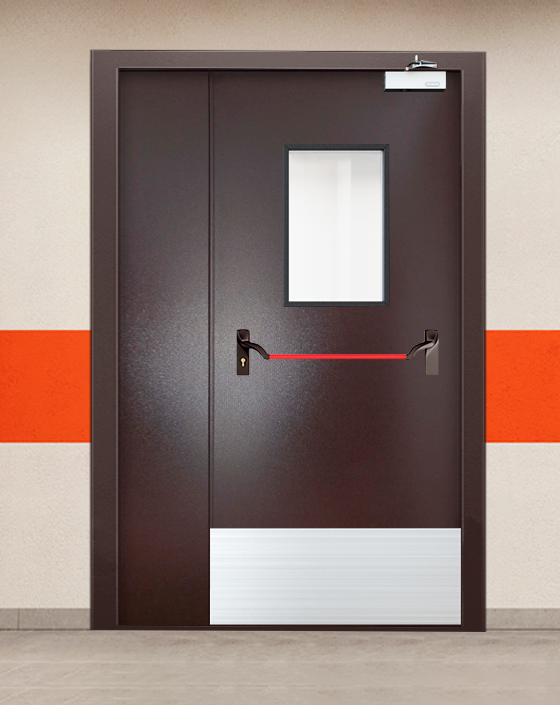 Противопожарная полуторная коричневая дверь порошковым напылением EIS 90 с ручкой антипаника, прямоугольным окном, широким отбойником