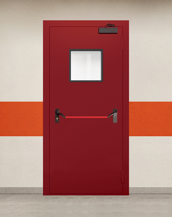 Противопожарная однопольная красная дверь EI 90 с ручкой антипаника, квадратным окном