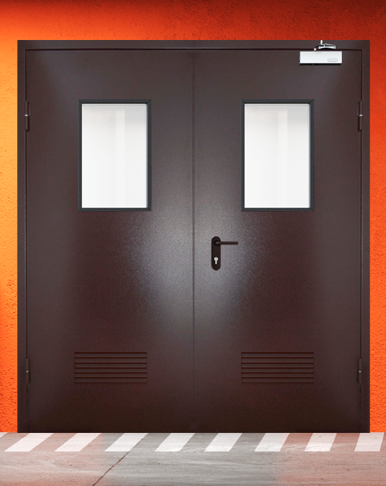 Противопожарная двупольная коричневая дверь порошковым напылением EIWS 30 с прямоугольным окном, прямоугольной решеткой