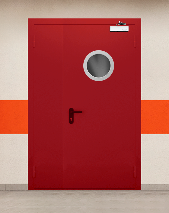 Противопожарная полуторная красная дверь EI 60 (2-го типа) с круглым окном