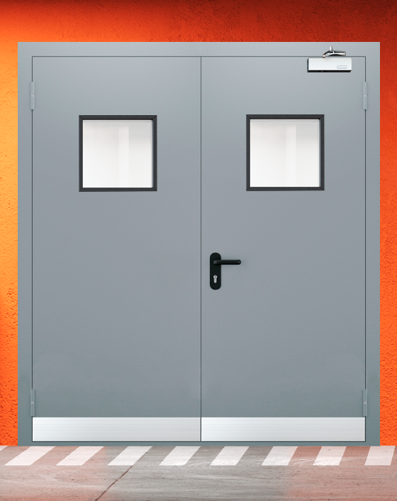 Противопожарная двупольная серая дверь EI-90 с квадратным окном, узким отбойником