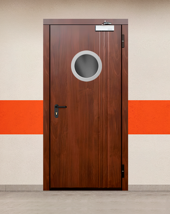 Противопожарная однопольная МДФ коричневая дверь EIS 45 с круглым окном
