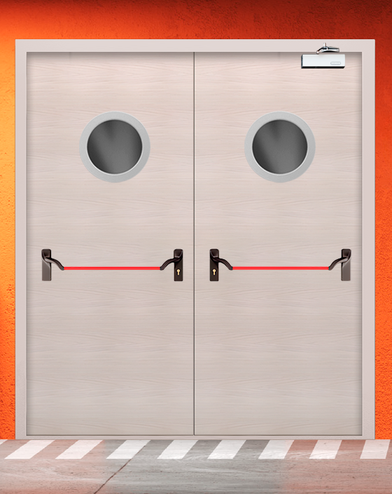 Противопожарная двупольная МДФ бежевая дверь с ручкой антипаника, круглым окном