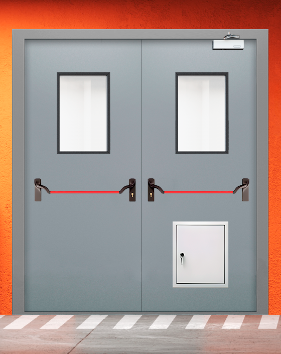 Противопожарная двупольная серая дверь EI 30 (3-го типа) с ручкой антипаника, прямоугольным окном, стыковочным узлом