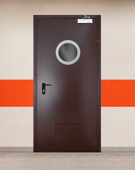 Противопожарная однопольная коричневая дверь порошковым напылением EIS 30 с круглым окном, прямоугольной решеткой