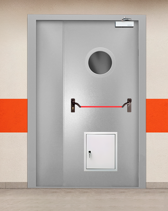 Противопожарная полуторная серая дверь порошковым напылением EI-90 с ручкой антипаника, круглым окном, стыковочным узлом