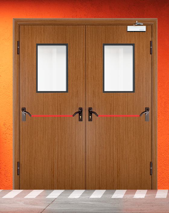 Противопожарная двупольная шпон дверь с ручкой антипаника, прямоугольным окном