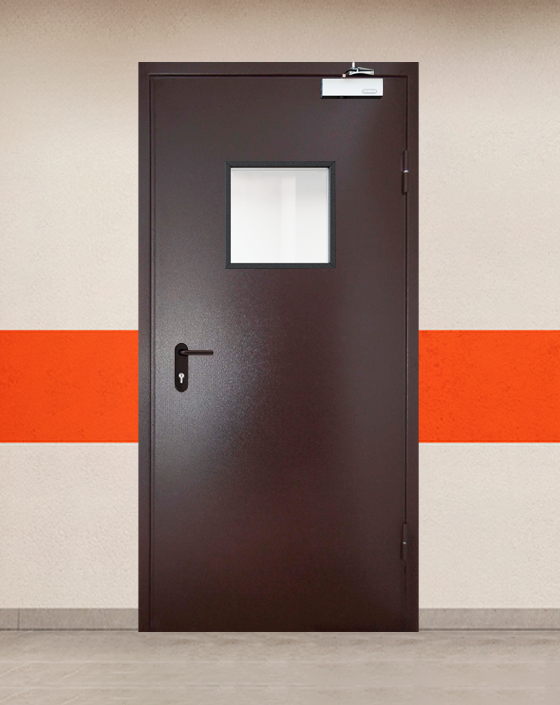 Противопожарная однопольная коричневая дверь порошковым напылением EIS 30 с квадратным окном