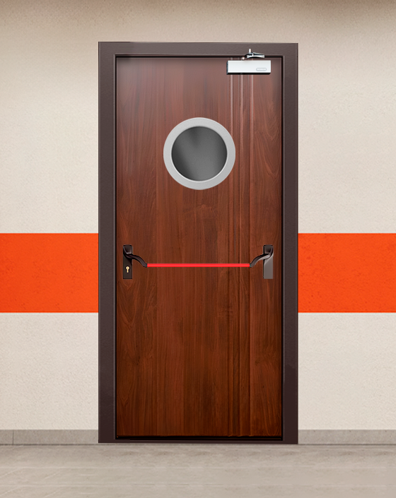 Противопожарная однопольная МДФ коричневая дверь с ручкой антипаника, круглым окном