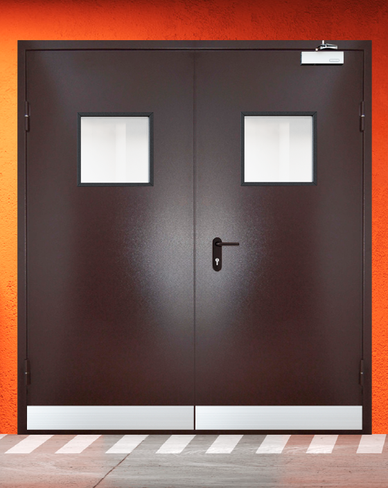 Противопожарная двупольная коричневая дверь порошковым напылением EIWS 30 с квадратным окном, узким отбойником