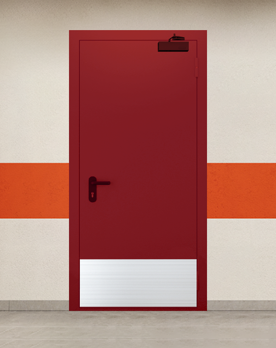 Противопожарная однопольная красная дверь EI 45 с широким отбойником