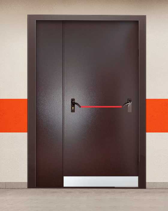 Противопожарная полуторная коричневая дверь порошковым напылением EIS 90 без доводчика с ручкой антипаника, узким отбойником