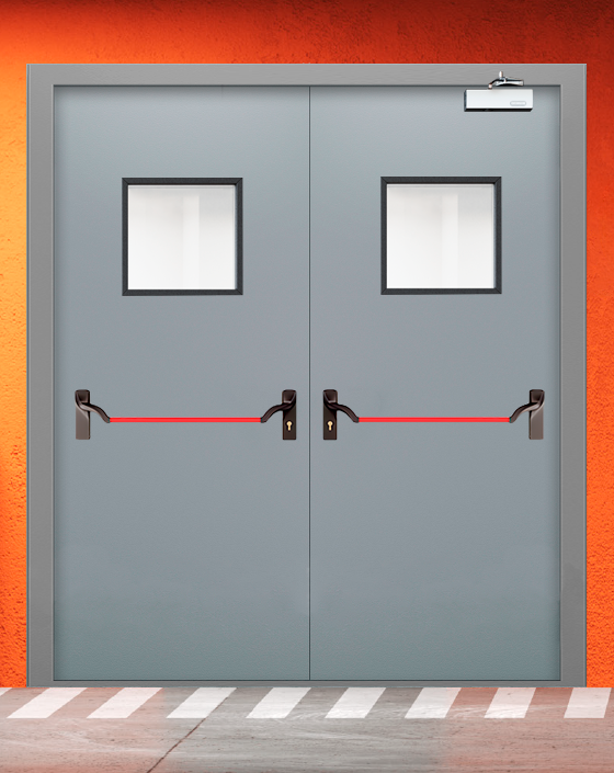 Противопожарная двупольная серая дверь EI 30 (3-го типа) с ручкой антипаника, квадратным окном
